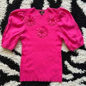 NWOT Hot Pink Embellished Top with Puffy Shoulders Size L